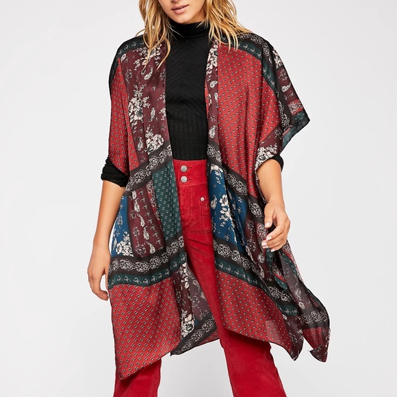 Free People Mon Cheri Silky Patchwork Kimono One Size - Picture 1 of 8